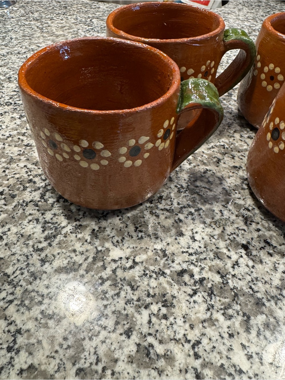 Handcrafted Terracotta Brown Floral Ceramic Mugs with Green Handles - Set - Picture 2 of 7